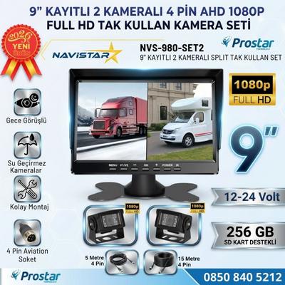 9 inç Kayıtlı Geniş Ekran 2 Kameralı 1080P Full HD Araç Güvenlik ve Geri Görüş Seti (12-24V)