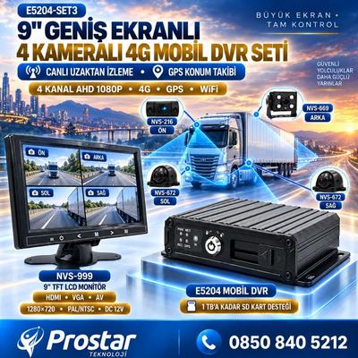 9 inç Monitörlü 4 Kameralı 1080P 4G GPS WIFI Mobil DVR Kamera Seti (256 GB Hafıza Kartı Dahil)