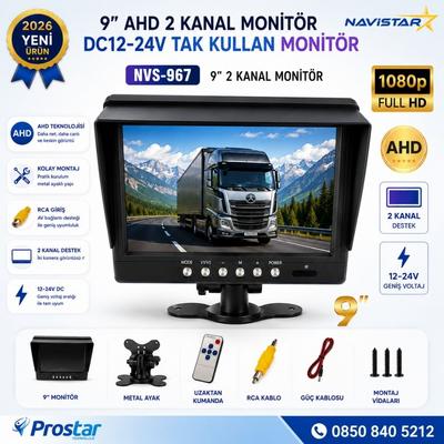 9 inç Şapkalı 2 kanal AHD RCA Sarı Soketli Araç Monitörü 1080P 720P Analog Destekli DC 12-24V