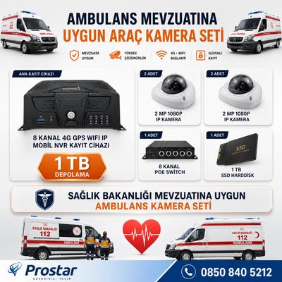 Ambulans Mevzuatına Uygun 1 TB 2 Kameralı 8 Kanal Mobil NVR Tak Kullan Set