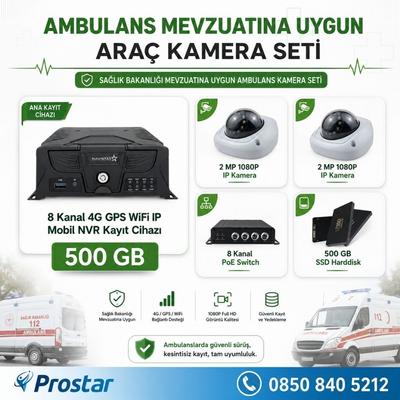 Ambulans Yönetmeliğine Uygun 2 Kameralı 8 Kanal Mobil NVR 500 GB Tak Kullan Set