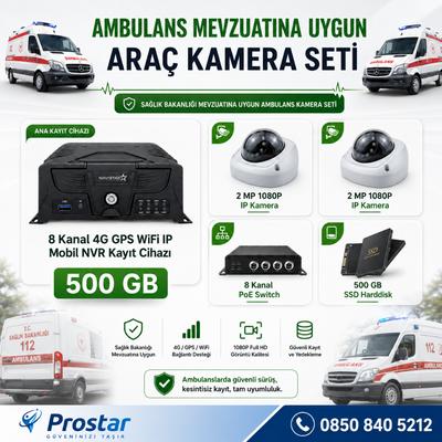 Ambulans Yönetmeliğine Uygun 2 Kameralı 8 Kanal Mobil NVR 500 GB Tak Kullan Set