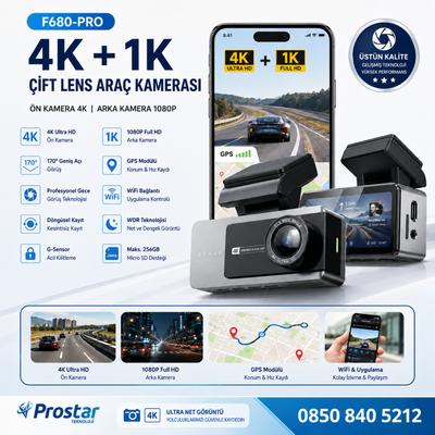 F680-PRO 4K Ultra HD Çift Kameralı Araç Kamerası (Dashcam) - WiFi, GPS, 24 Saat Park Modu
