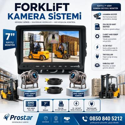 Forklift Kamera Sistemi Reach Truck 2 Kameralı 7 Inç Monitörlü Kayıtlı Kamera Seti
