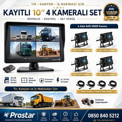Kayıtlı 10" Dört Kameralı 256 Gb Sd Destekli Ahd Tır Kamyon Ve İş Makinaları Için 12 24 Volt Tak Kullan Kamera Seti