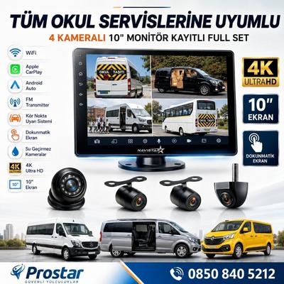 Kayıtlı 4 Kameralı 10 Inç Dokunmatik Monitör 256 Gb Sd Destekli Okul Servis Kamera Seti