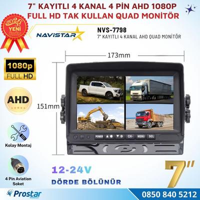 Kayıtlı 7 inç 4 Kanal Full HD Quad AHD/Analog 4 Pin Araç Monitörü 256 GB SD Kart Destekli 12-24V