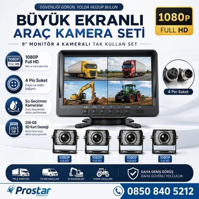 Kayıtlı 9" Monitörlü Ahd 1080P 4 Kameralı 256Gb Sd Destekli 4Pin Tak Kullan Kamera Seti