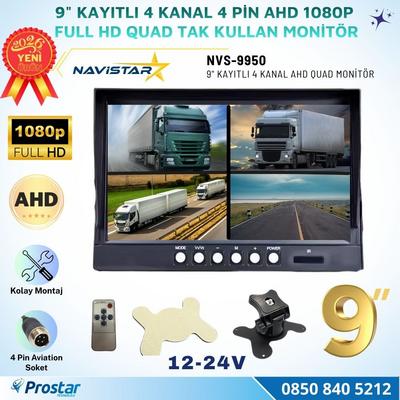 Kayıtlı 9 inç 4 Kanal Full HD AHD Analog Uyumlu Quad Araç Monitörü 12-24V