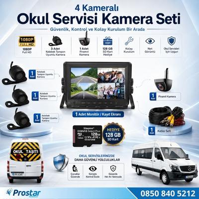 Kayıtlı Okul Ve Servis Araçları 4 Lü Kamera 7 inç Monitör Full Set + 128 Gb Sd Kart Dahil