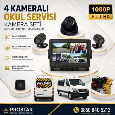 Kayıtlı Servis Okul Taşıtları 4 Lü Kamera 7 Inç Monitör Full Set 256 Gb Sd Kart Desteği + 1 Dome Kamera
