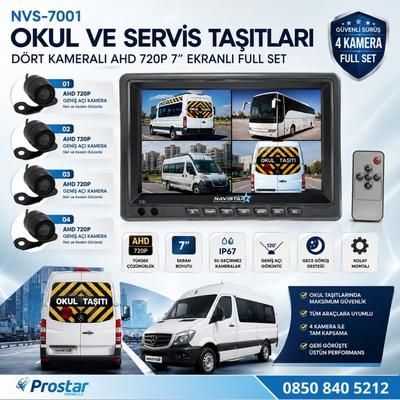 Okul Ve Servis Taşıtları Dört Kameralı AHD 720P 7" Ekranlı 4 Kamera Dahil Full Set