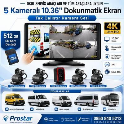 Servisler Için 5 Kameralı 10.36" Dokunmatik Kayıtlı Ekranlı 256 Gb Sd Kart Destekli Araç Kamera Seti