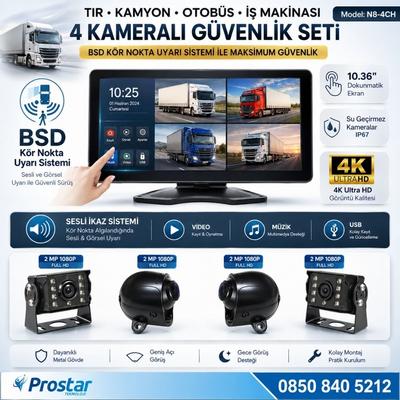 Tır ve Kamyon 10.36" Dokunmatik 4 kameralı 256 GB Destekli Kör Nokta Uyarı Sistemli Kamera Seti
