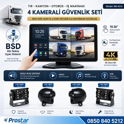 Tır ve Kamyon 10.36" Dokunmatik 4 kameralı 256 GB Destekli Kör Nokta Uyarı Sistemli Kamera Seti