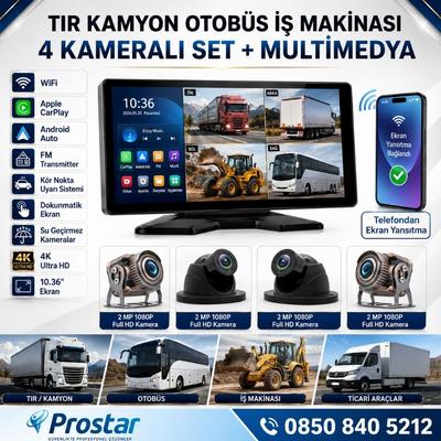 Tır Ve Kamyon 10.36" Dokunmatik Ekranlı 4 Kameralı Kayıtlı Video Müzik Telefon Ekran Yansıtma Özellikli Tak Kullan Kamera Seti