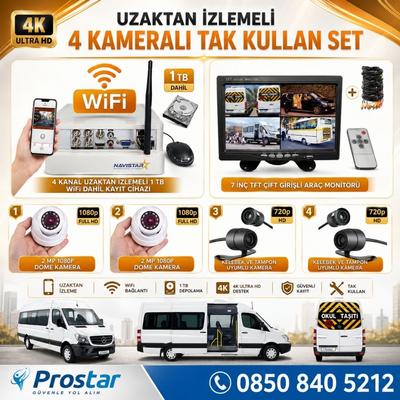 Uzaktan izlemeli 4 Kameralı Wifi 1 Tb Harddisk 7 Inç Ekranlı Araç Kamera Seti
